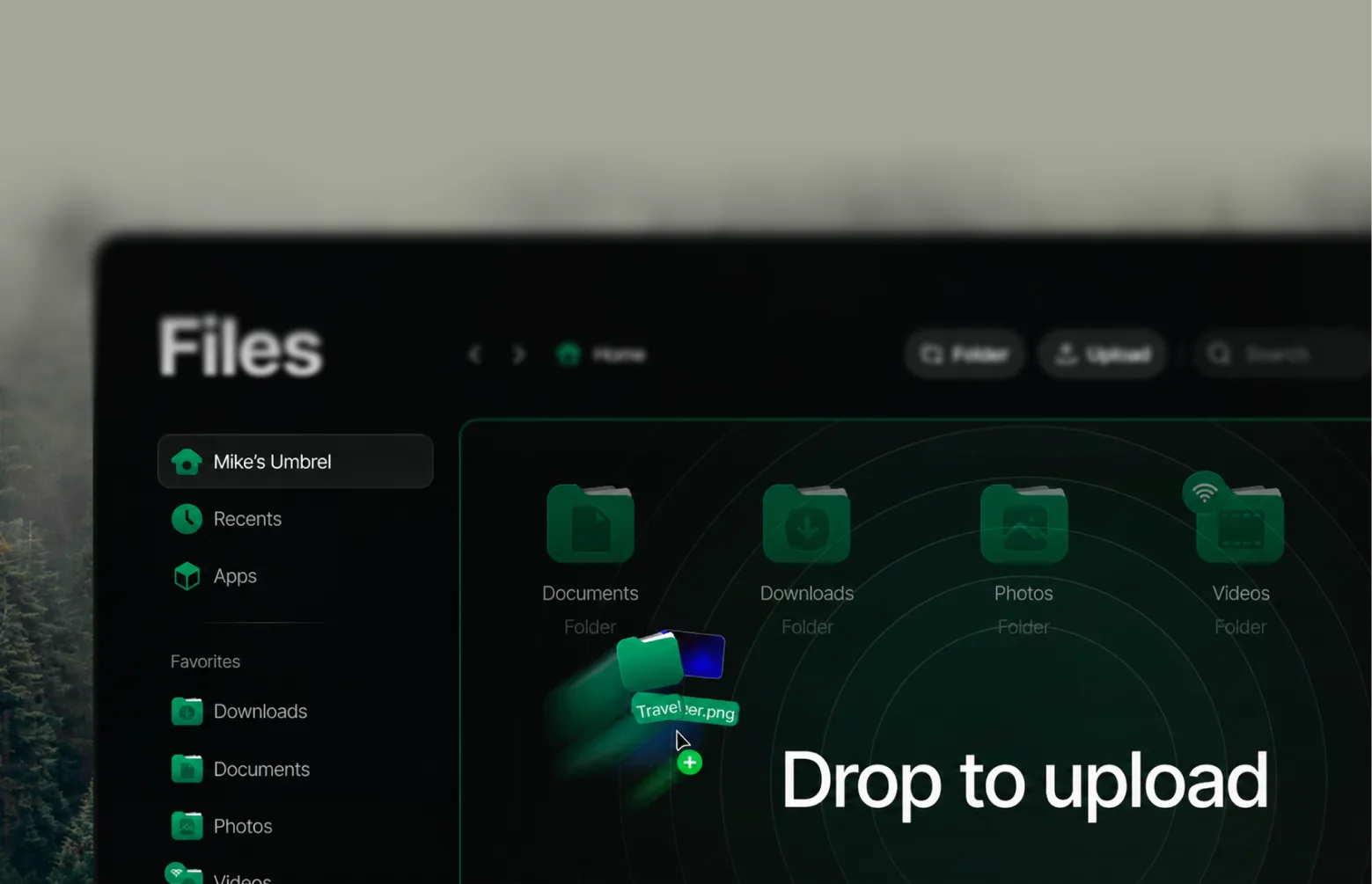 Files being dropped into the umbrelOS Files app