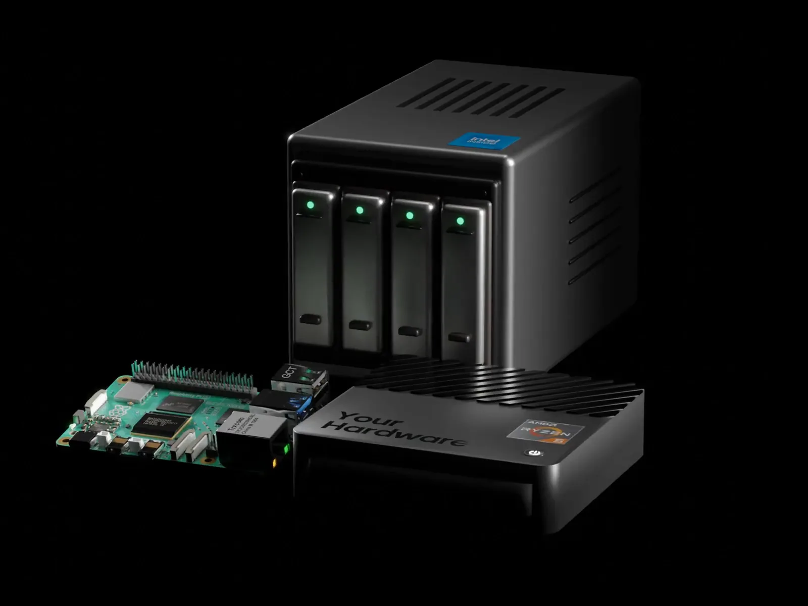 A Raspberry Pi 5, an Intel NAS, and an AMD mini PC, all ready for umbrelOS