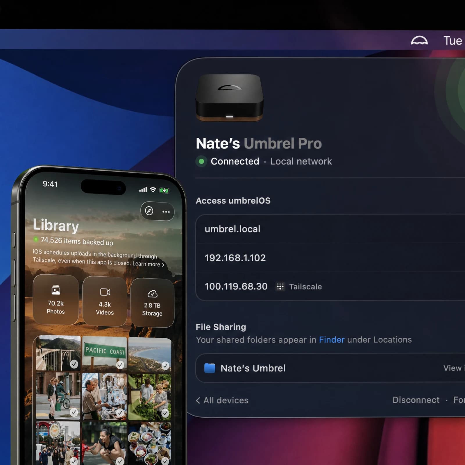 The Umbrel app on iPhone backing up a photo library, next to the Mac app connected to an Umbrel Pro