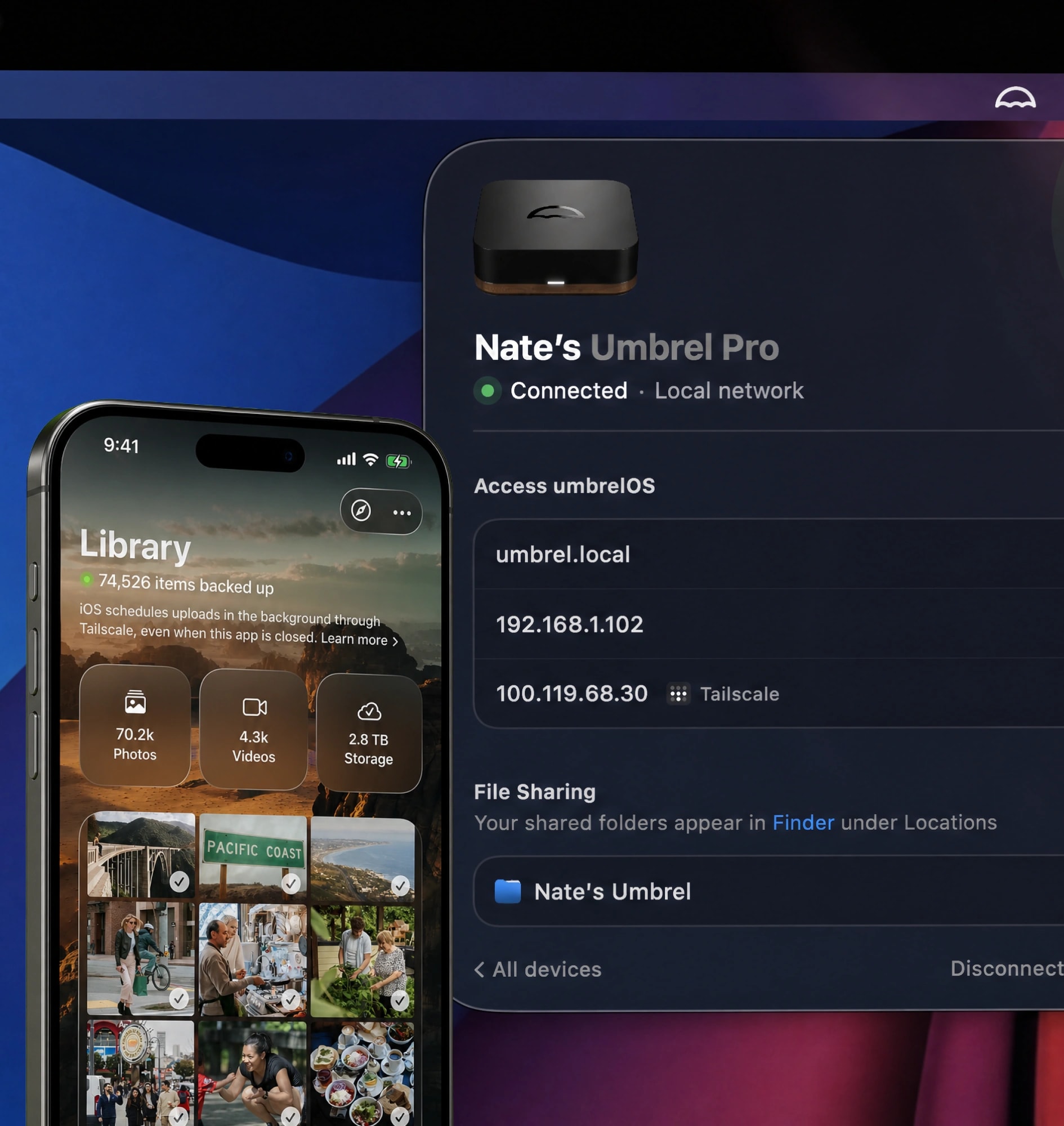 The Umbrel app on iPhone backing up a photo library, in front of the Mac app connected to an Umbrel Pro