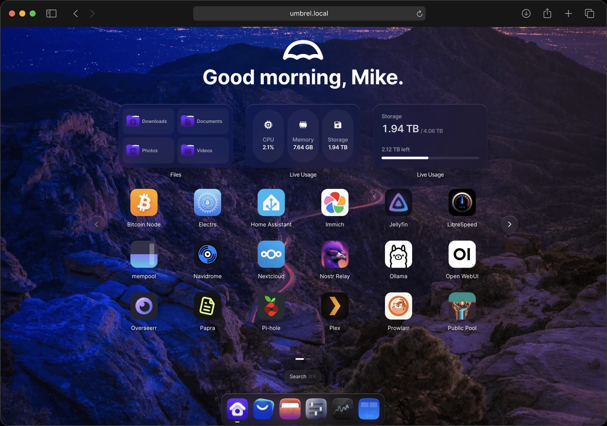 umbrelOS home screen in a browser