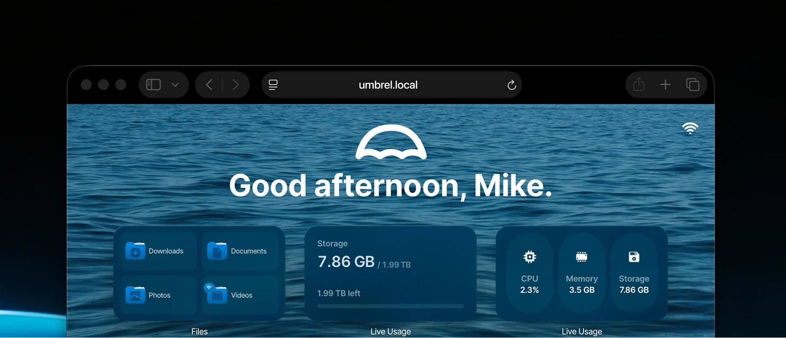 umbrelOS home screen open in a browser