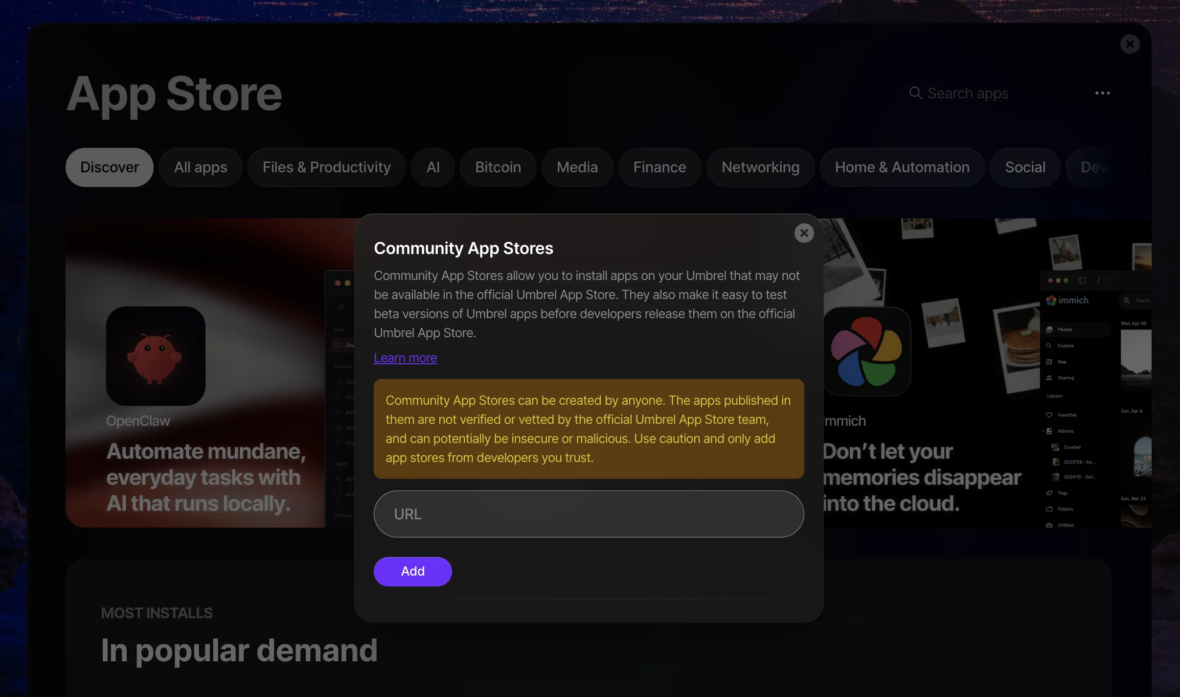 Community App Stores dialog detail