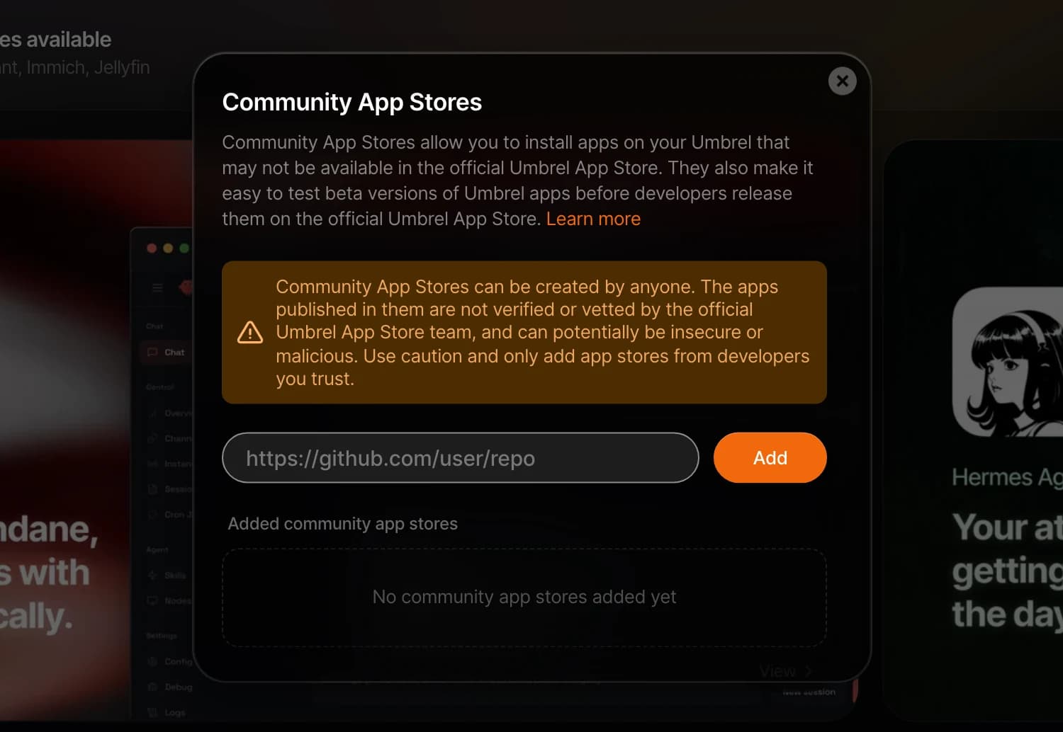 Community App Stores dialog detail