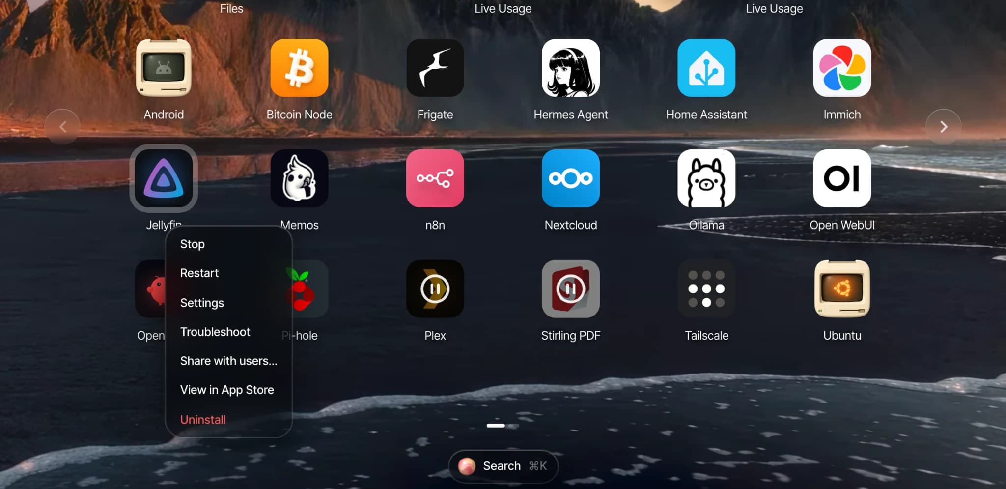 Home screen with stopped apps detail