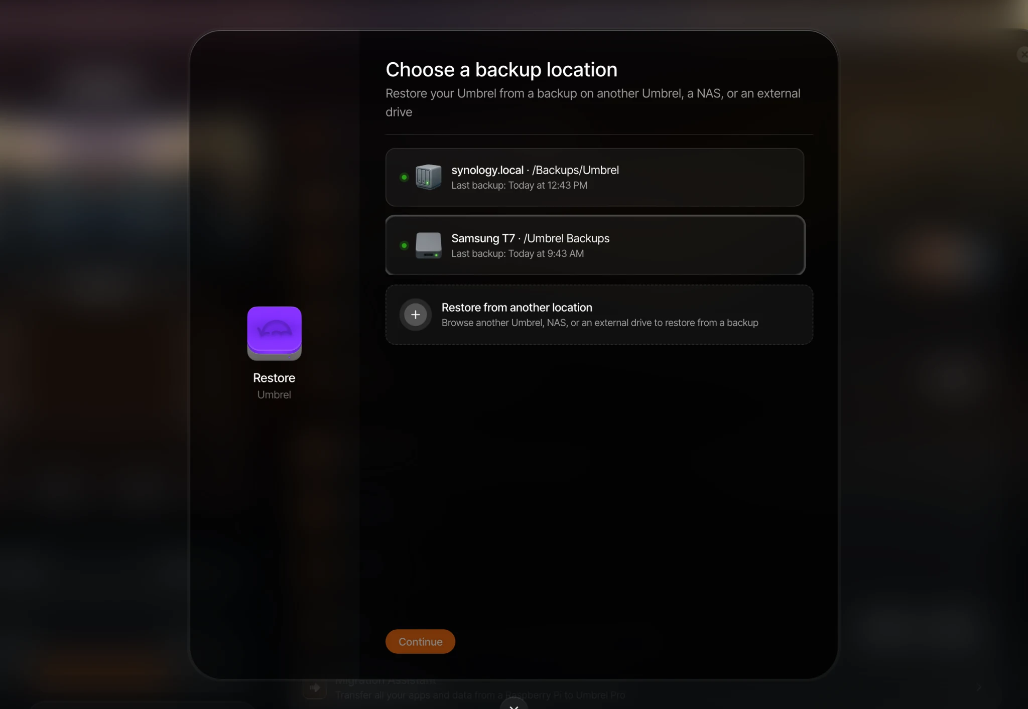 Choose a backup location to restore from