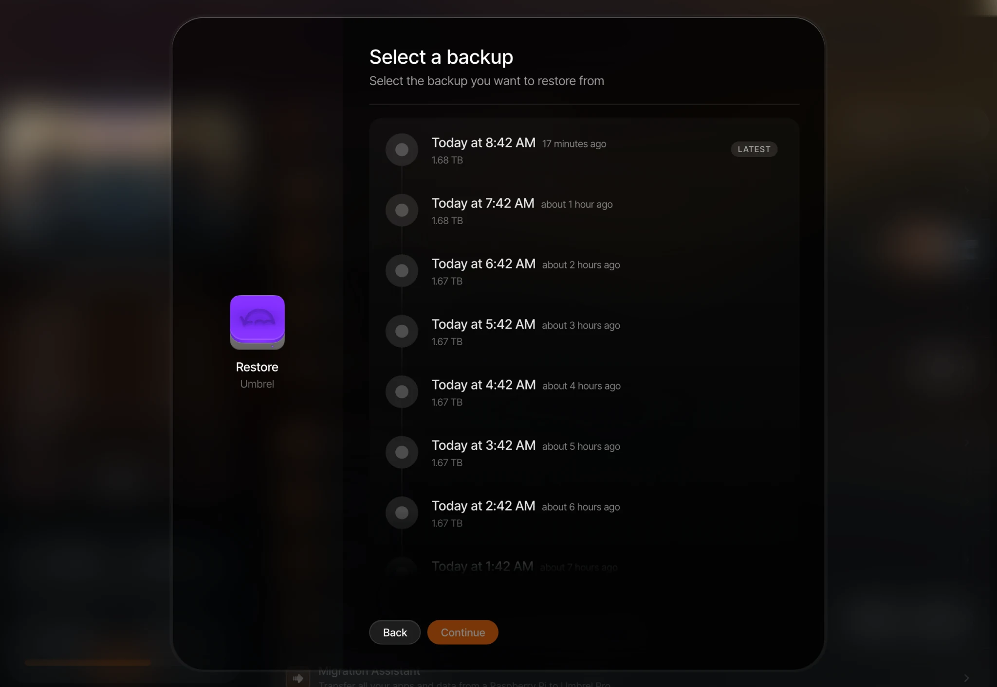 Select a backup to restore