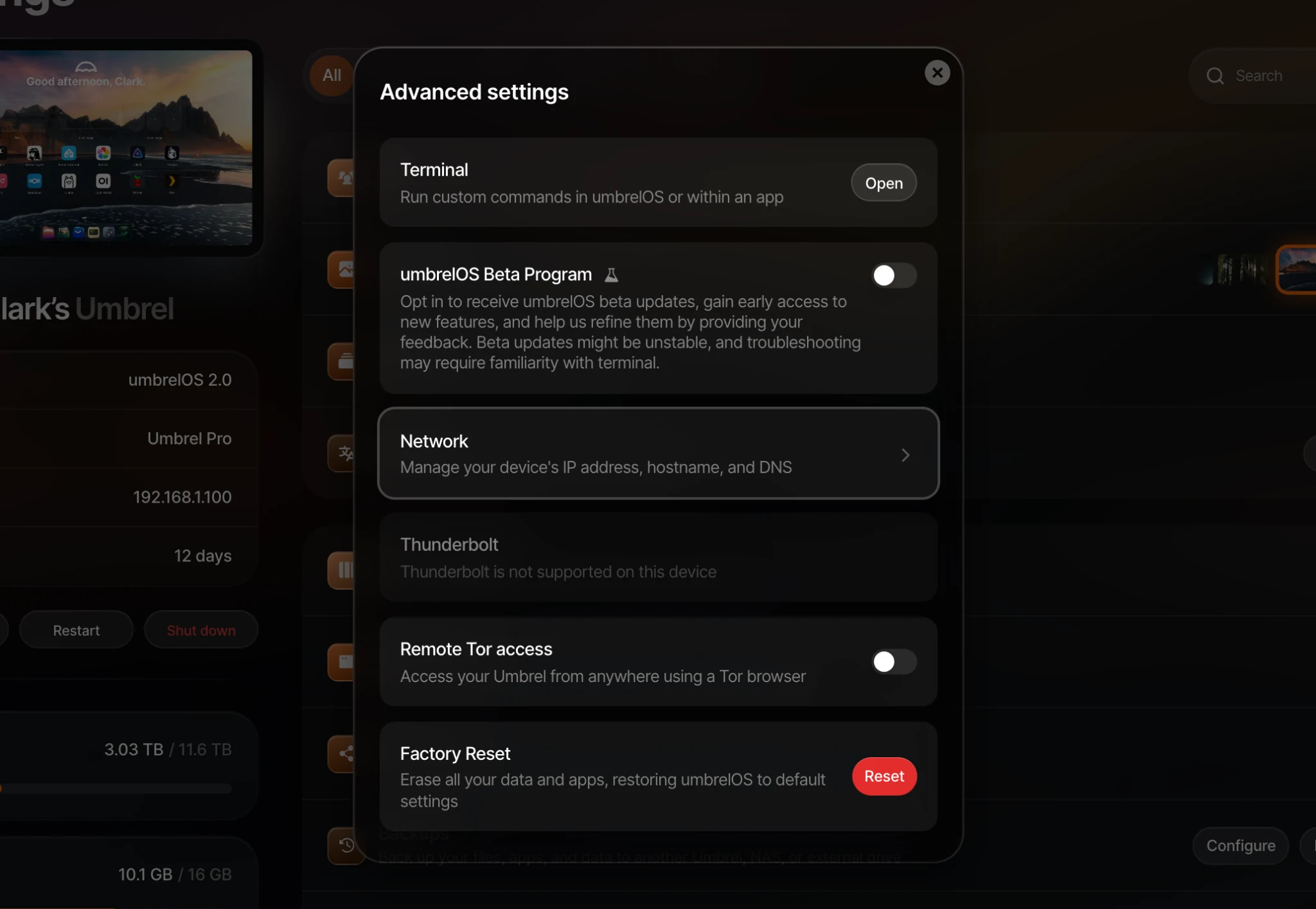 Advanced settings detail