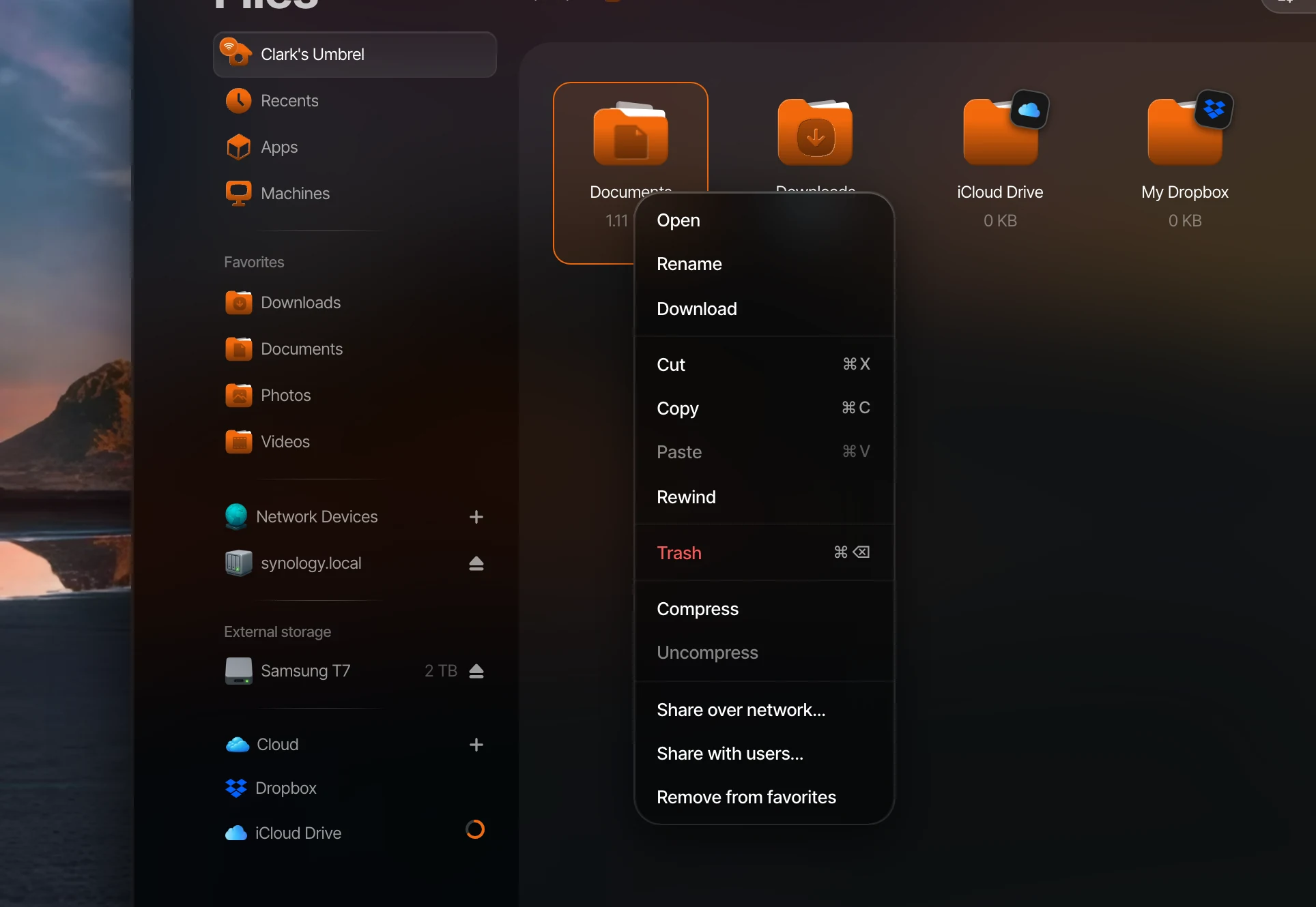 Right-click menu for a folder in Files detail