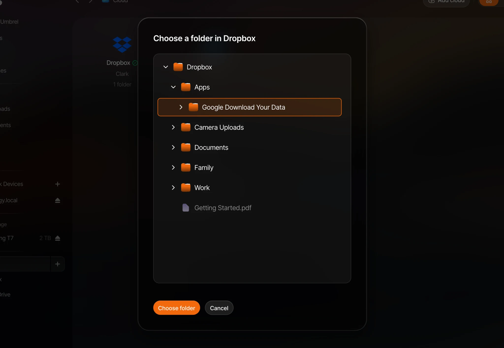 Choosing the Google Download Your Data folder in Dropbox