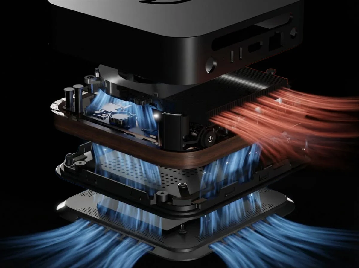 Exploded view of Umbrel Pro showing cool air drawn in through the lid and base, and warm air exhausting out the back