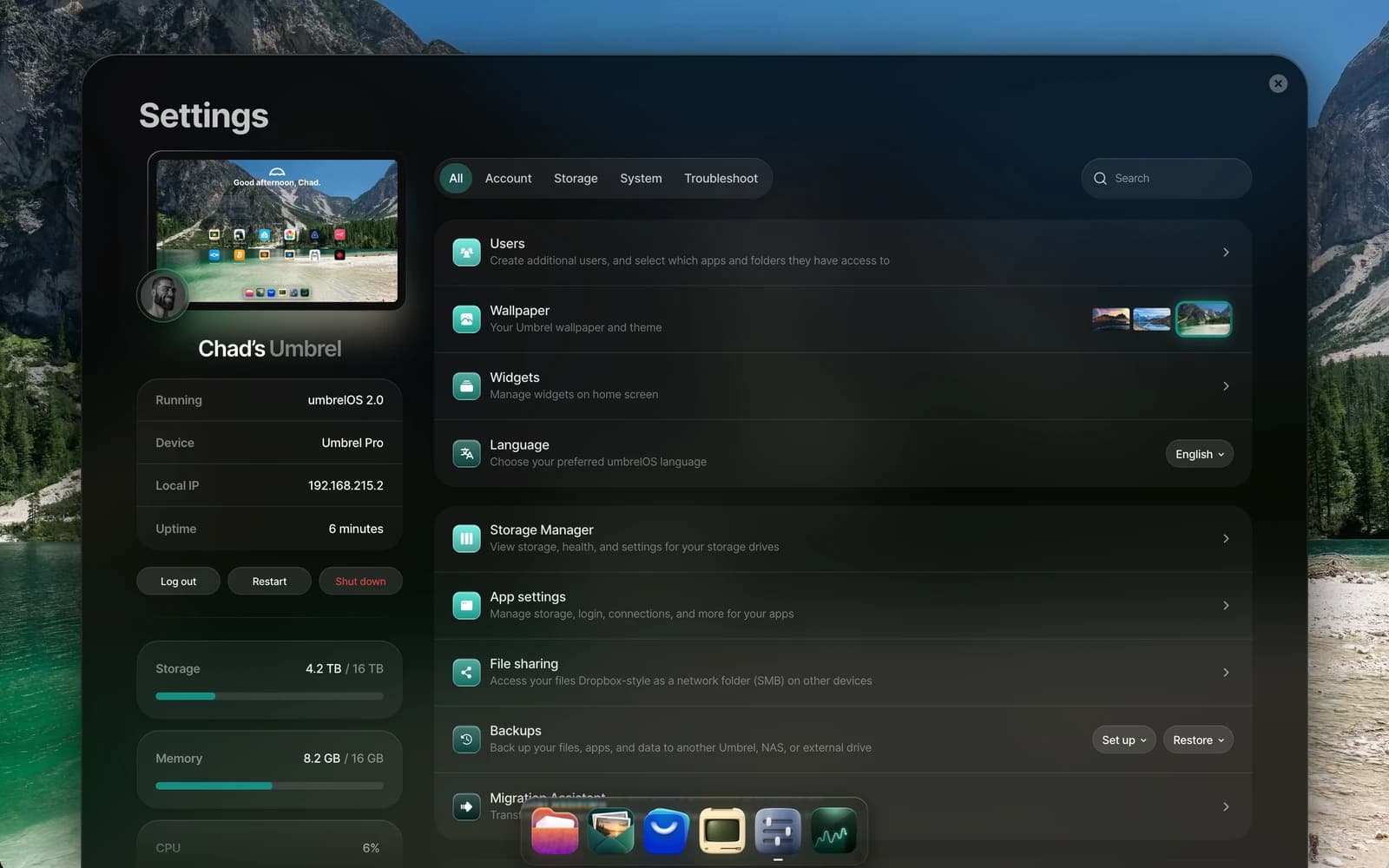 umbrelOS 2.0 Settings, showing the running version