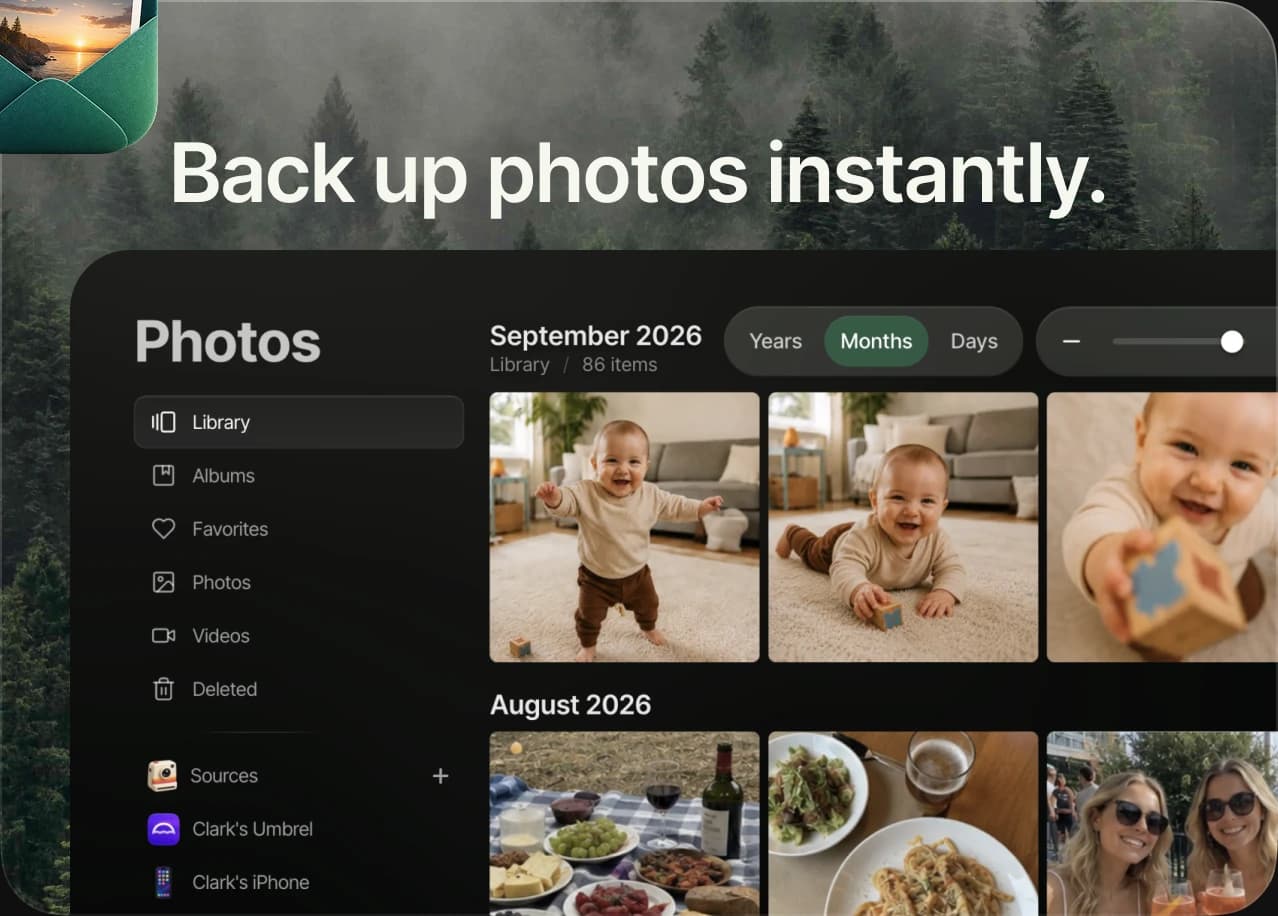 Back up photos instantly. The Photos app, with a library backed up from an iPhone.
