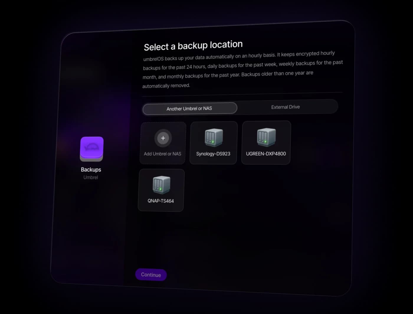 Choosing a NAS as the backup location in umbrelOS