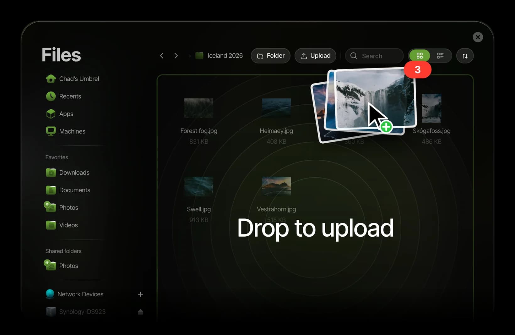 Three photos dragged onto Files in umbrelOS, which reads Drop to upload
