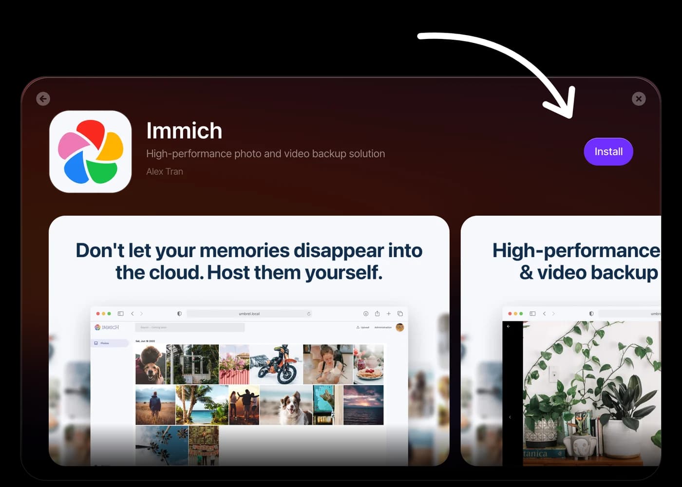 An arrow pointing at Install on the Immich page in the umbrelOS App Store