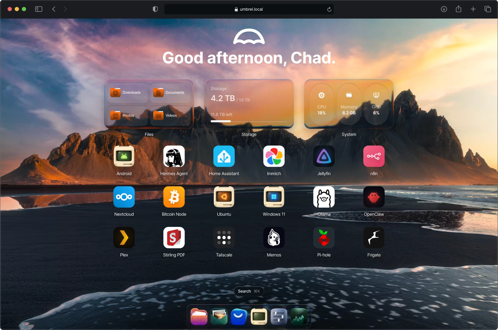 umbrelOS home screen in a browser